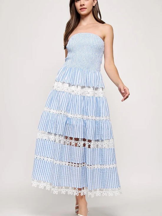 Strut & Bolt Dresses & Skirts - Strut and Bolt Blue and White Striped Strapless Maxi Dress Crochet Trim Size L